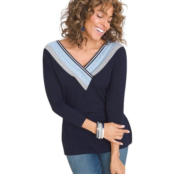 Chico's Tops - Chico's Striped Inset V-Neck Top. Chico's Size 3 (US 16). Nautical Blue.
